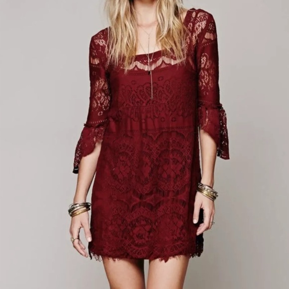 Free People Burgundy Lace Overlay Cotton Mini Dress - Extra Small - Picture 6 of 10